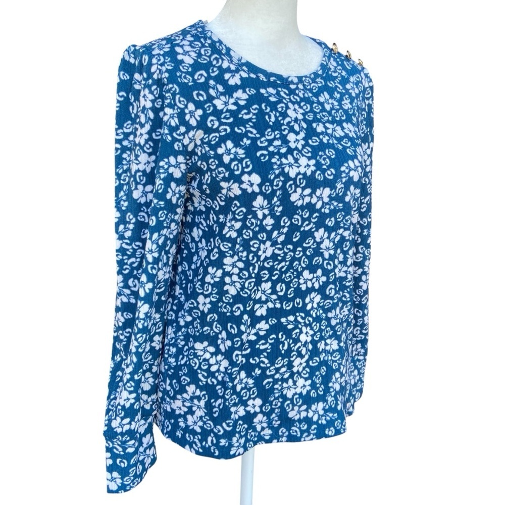 Ann Taylor LOFT Floral Blue Long Sleeve Top Size XS Stretch Gold Button Detail - Picture 4 of 12